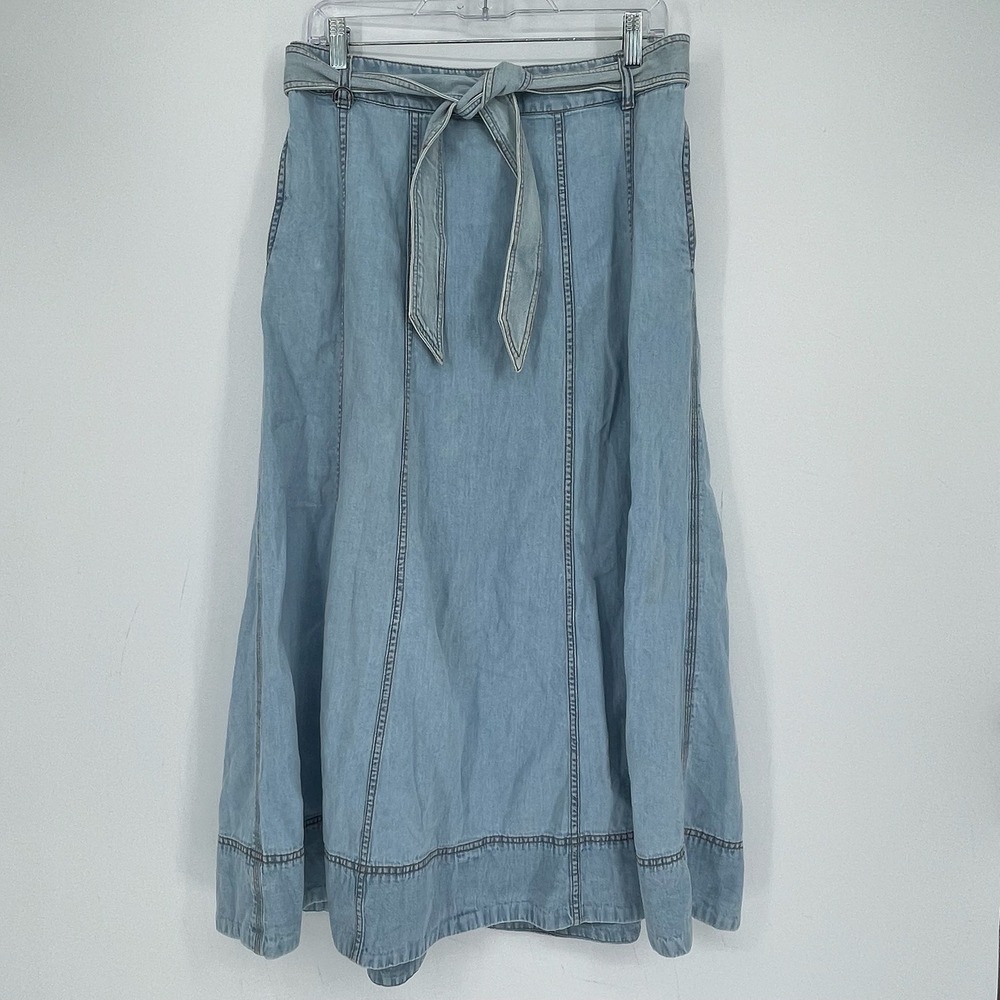 LOFT Women's Blue Light Wash Sash Tie Waist Denim Maxi Long Jean Skirt Size M